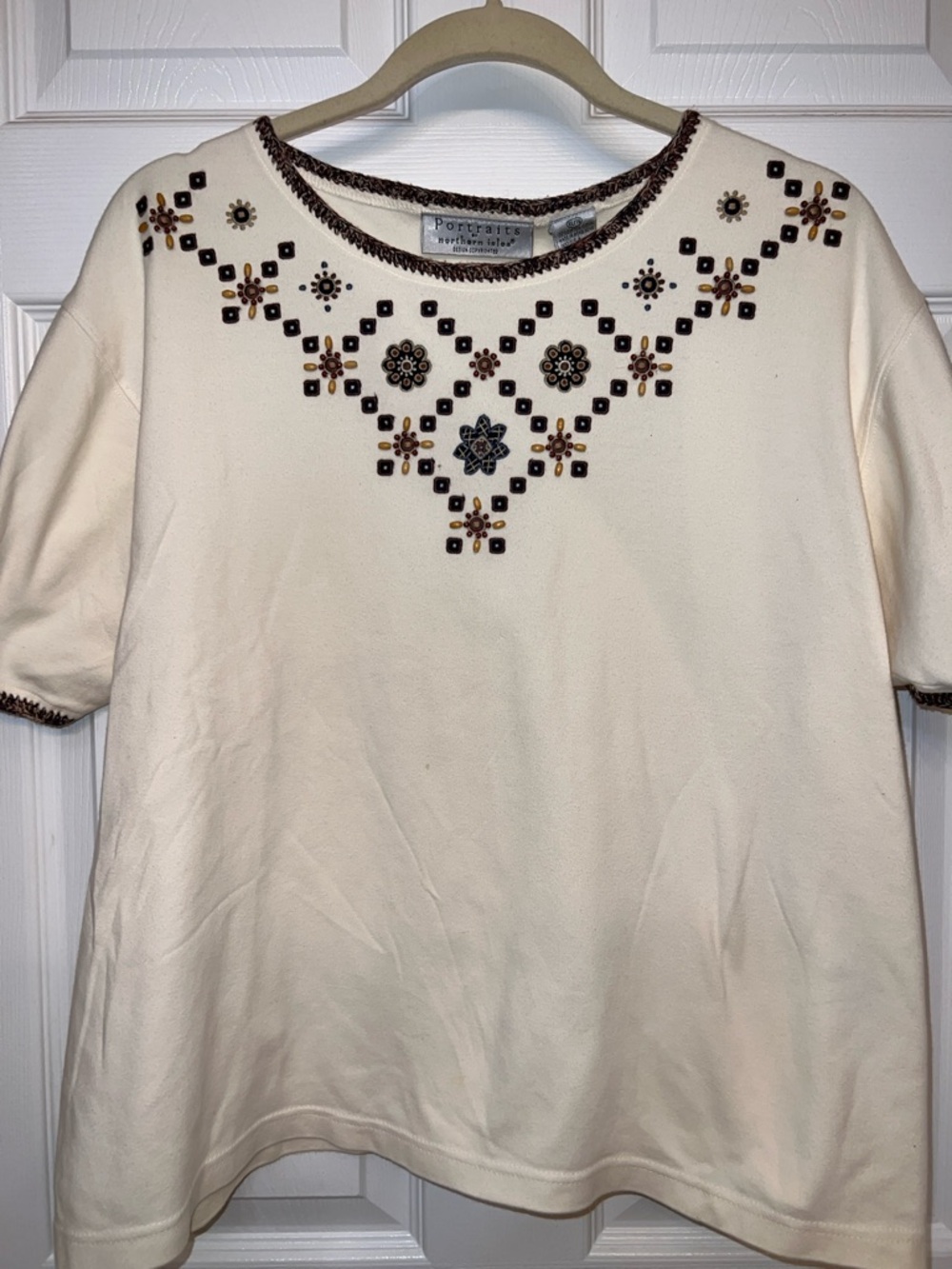 Cream Short-Sleeve Embellished Tee by Portraits size XL